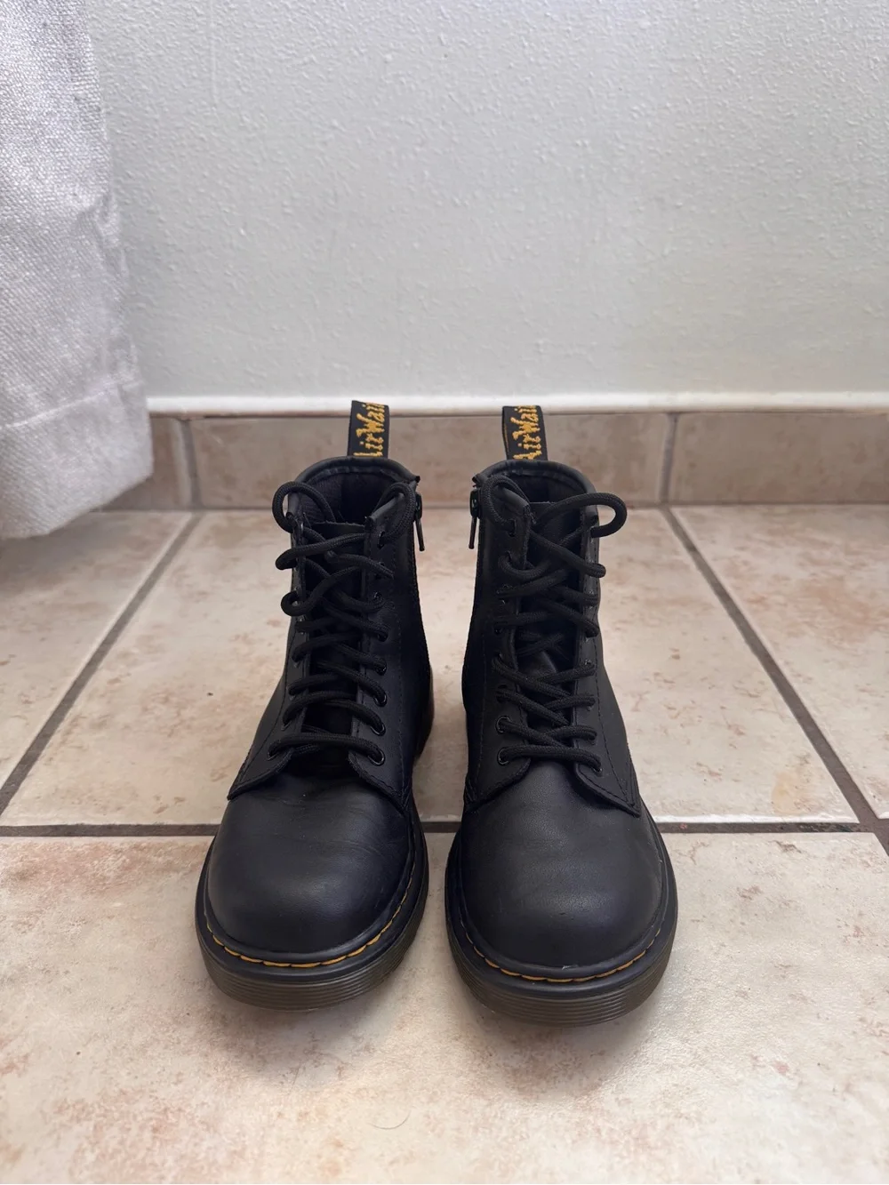 Dr. Martens Black Leather Lace-Up Ankle Boots with Yellow Heel Loop
